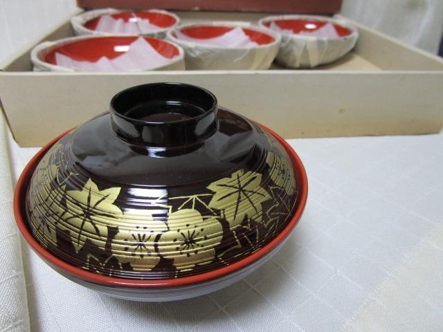 昭和レトロ 特選 合成漆器 蓋付き お椀 汁椀 5客セット 梅紅葉